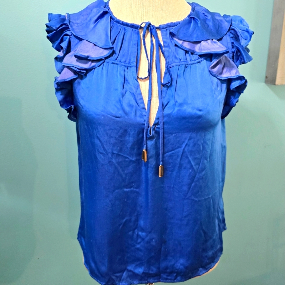 Karina Grimaldi Blue Ruffled Silk Tie Front Sleeveless Blouse
